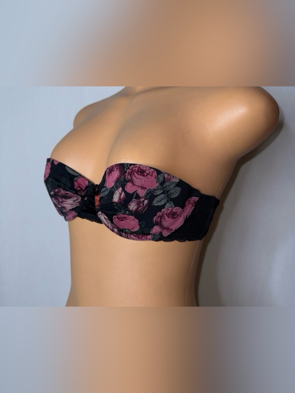 H&M Black Strapless Bandeau Bra with Rose Floral Print
